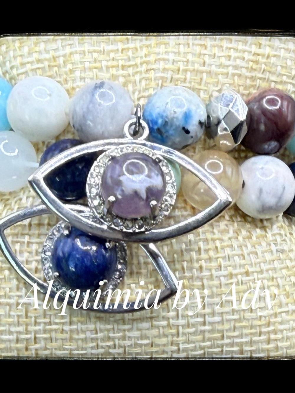 Curated stack Silver Eye Bracelet with Purple and Blue Gem Beads